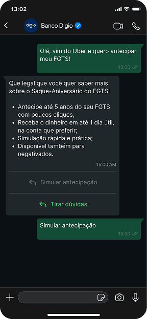 Vá em "Contratar via WhatsApp" e toque em "Simular contratação