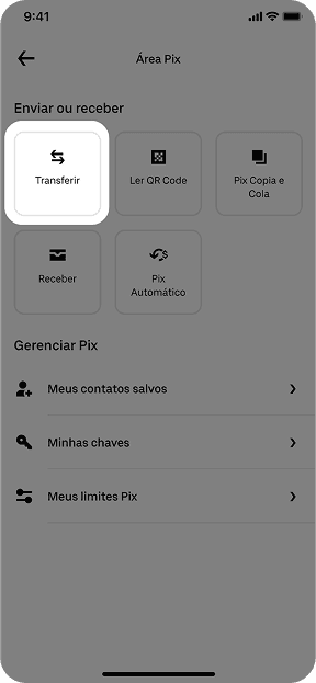 Vá em "Pix” e escolha “Transferir”