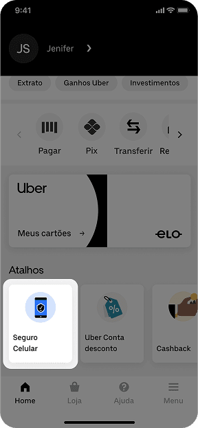 Na página inicial toque em "Seguro Celular”