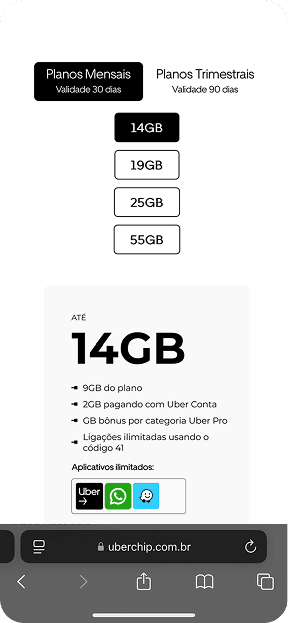 Selecione o plano ideal e toque em “Comprar Uber Chip